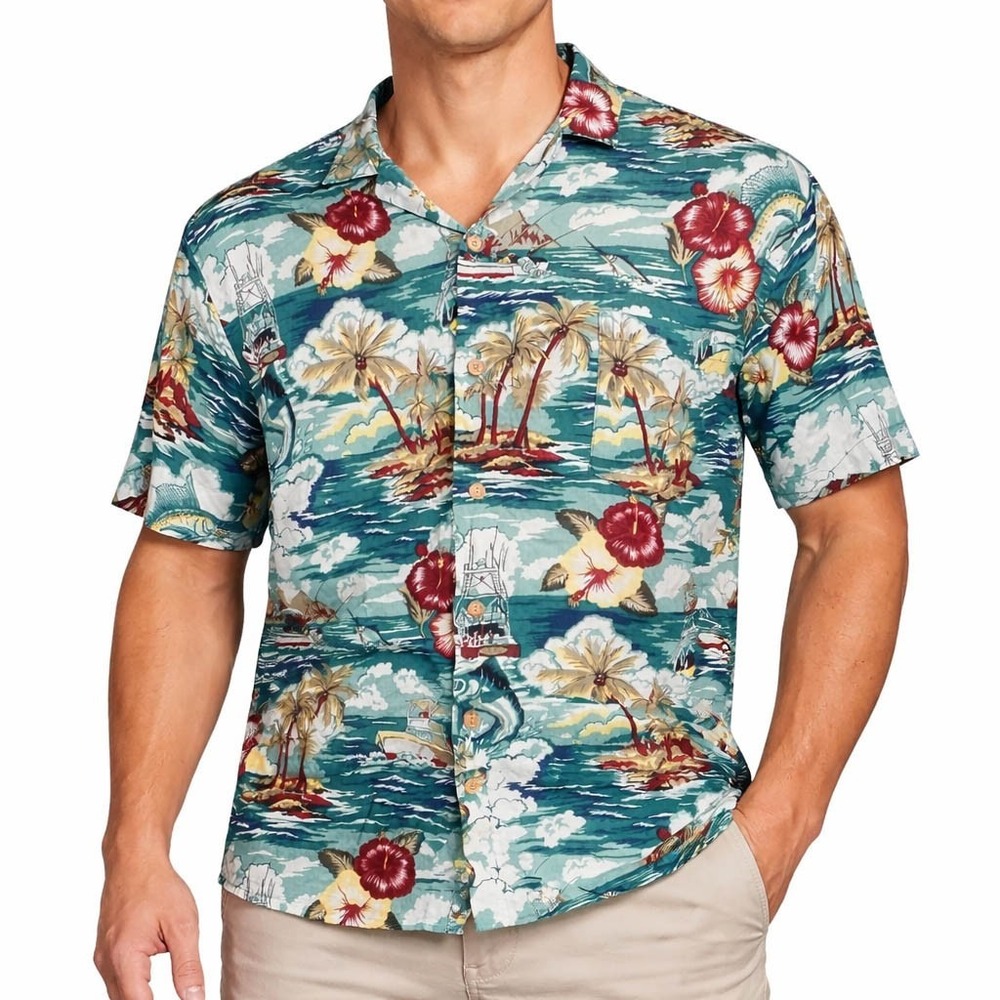 Palm‎ Land Tropics Hawaiian Aloha Shirt Mens Medium Floral Fishing Boats Rayon